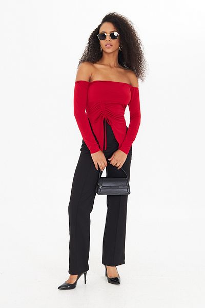 ALLEYTA Women's Asymmetrical Front Gathered Long Sleeve Strapless Neckline Crop Blouse