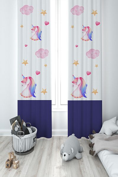 BAMBAŞKA MODA Baby and Children's Room Navy Blue 2-Wing Background Curtain with Unicorn and Hopscotch Pattern Ybp-8132