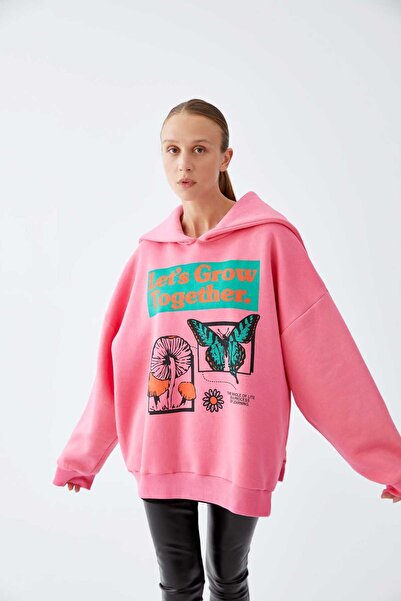 Roman Hoodie Baskılı Kadın Sweatshirt Pembe K2254201_038