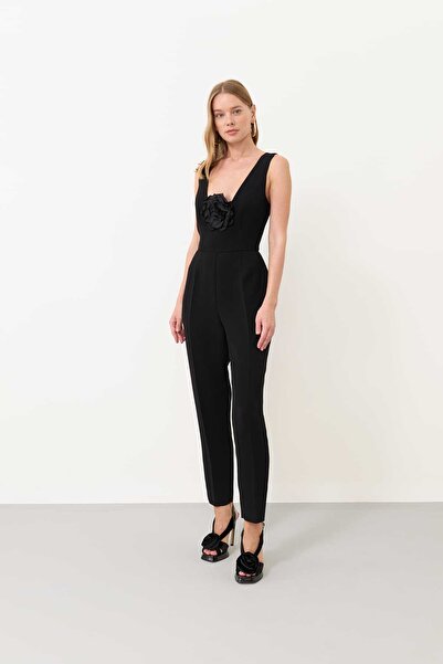 Roman Pilise Tül Etekli Derin V Yaka Tulum Siyah K2412405_001