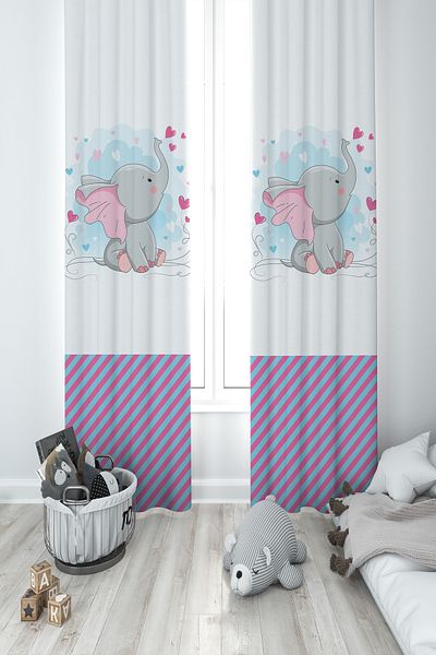 BAMBAŞKA MODA Baby and Children's Room 2 Wings Background Curtain with Heart and Little Elephant Pattern Ybp-8227