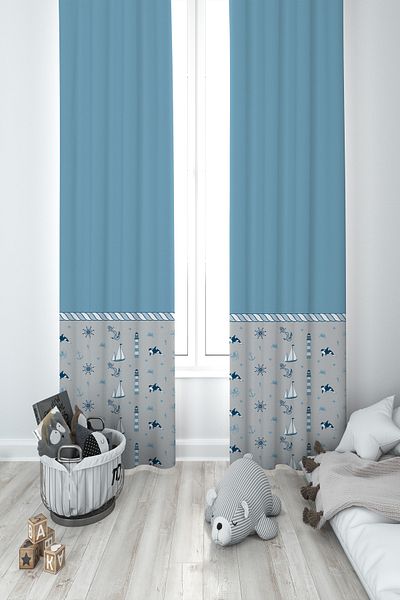 BAMBAŞKA MODA Baby and Children's Room Blue Sailor Pattern 2 Wings Background Curtain Ybp-8016