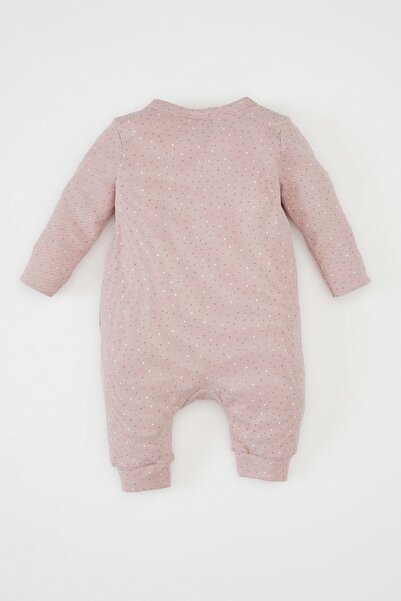 DeFacto Purple Polka Dot Corduroy Jumpsuit for Newborn Baby Girl - Long Sleeve, Button, Snap D2720A524Au