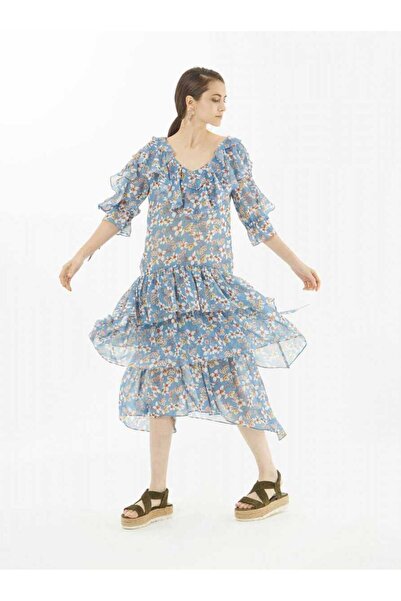 Roman Çiçek Desenli Elbise Mavi Y9911016_036