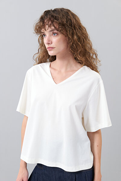 Roman Sırtı Düğüm Görünümlü V Yaka T-Shirt Ekru K2523819_049