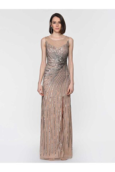 Roman İşlemeli Gece Elbisesi Şampanya Y1961107_224
