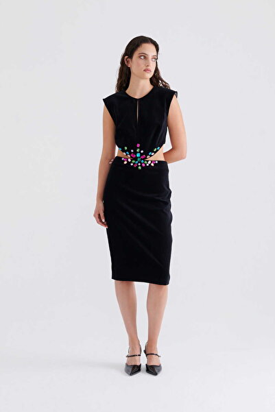 Roman Taşlı Kadife Abiye Elbise Siyah K2311532_001