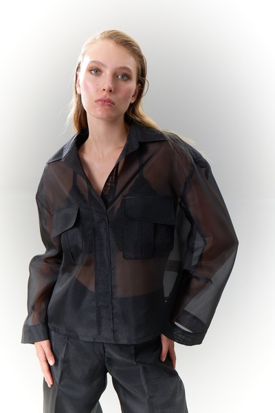 Roman Çift Cepli Uzun Kollu Organze Gömlek Siyah K2513529_001