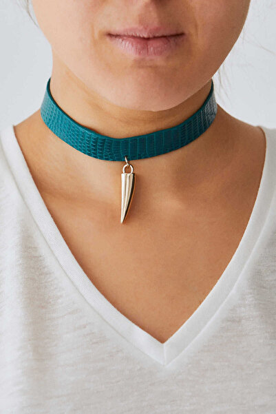 Roman Fil Dişi Detaylı Deri Choker Kadın Kolye Petrol K2289621_010