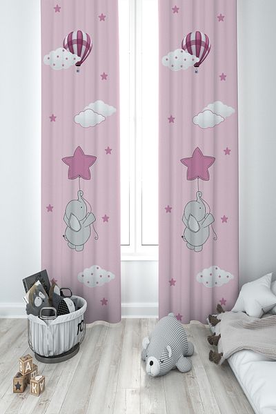 BAMBAŞKA MODA Baby and Children's Room Pink Starry Elephant Pattern 2 Wings Background Curtain Ybp-8076