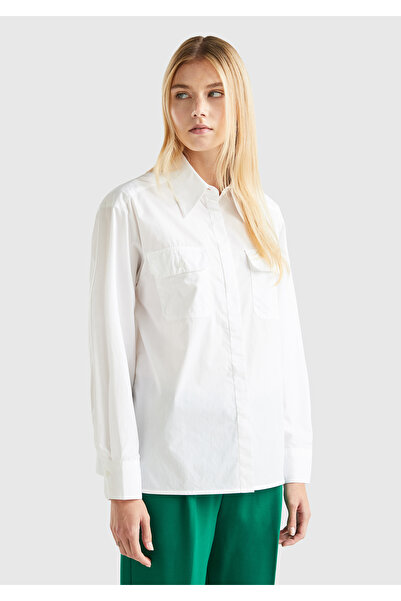United Colors of Benetton Γυναικείο πουκάμισο λευκό 100% βαμβακερό με 2 τσέπες