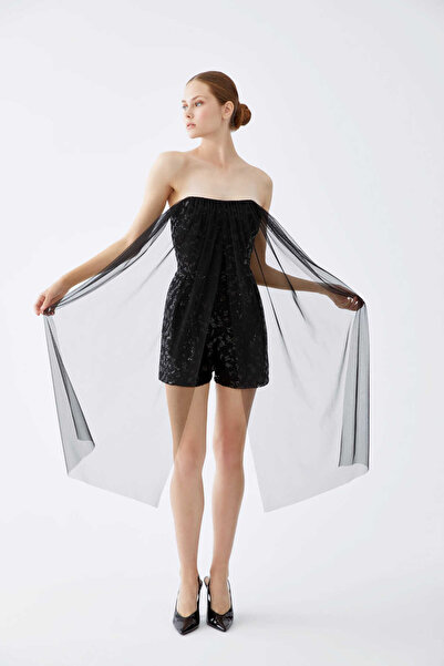 Roman Tül Detaylı Parlak Kumaş Şort Tulum Siyah K2212406_001