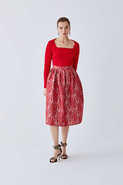 Roman Patterned Fluffy Skirt Red-white K2015072_129
