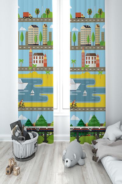 BAMBAŞKA MODA Baby and Children's Room City Pattern 2 Wing Background Curtain Ybp-8208