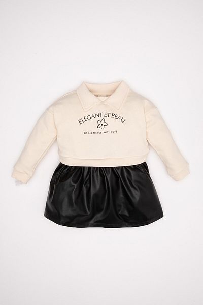 DeFacto Floral Printed Faux Leather Baby Girl Sweatshirt Dress - Long Sleeve, Crew Neck D3822A524Au
