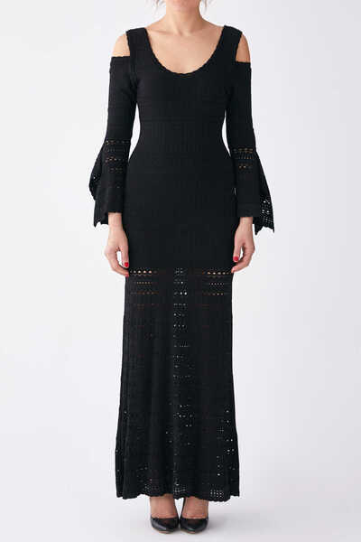 Roman Omuzu Açık Uzun Kollu Uzun Triko Gece Elbisesi Siyah K1971054_001