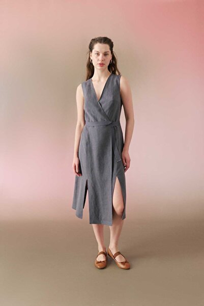 Roman Kruvaze Yırtmaçlı Keten Elbise Antrasit Y2411035_046