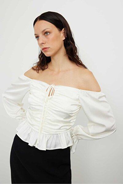Roman Saten Düşük Omuz Gipeli Bluz Ekru K2413038_049