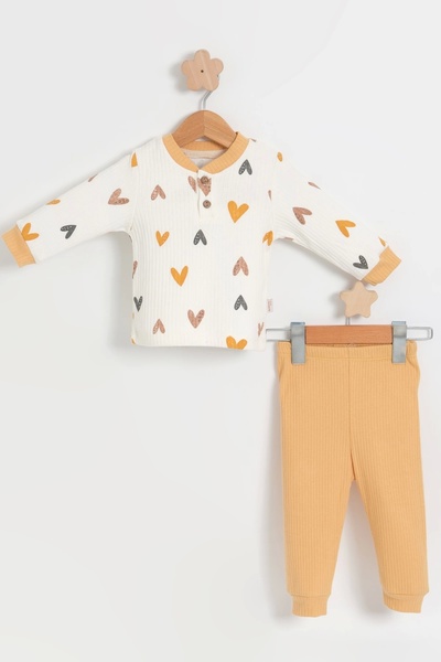 LOGO AKSESUAR BEBEK ÇOÇUK SARI %100 PAMUKLU KALP DESENLİ ALT ÜST İKİLİ TAKIM