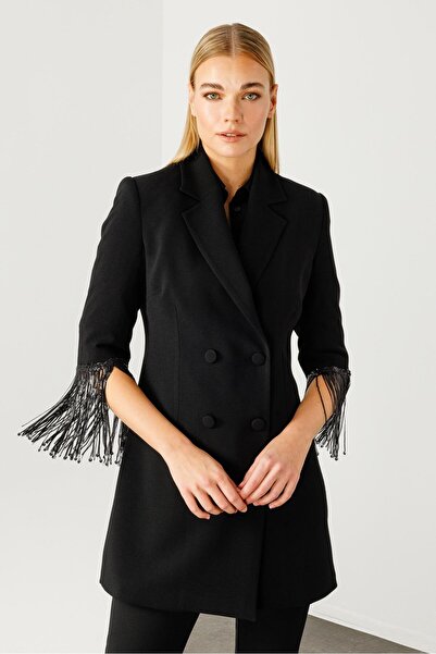 Moda İlgi Modailgi  Kolları Payet Püsküllü Kruvaze Ceket Siyah