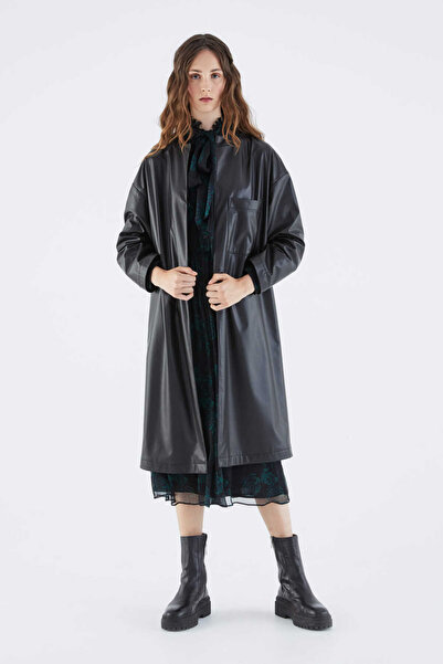 Roman Deri Görünümlü Düz Yaka Kap Siyah K2216309_001