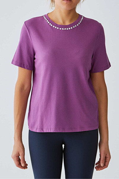Roman Taş İşlemeli Kadın T-Shırt Fuşya Y1959105_003
