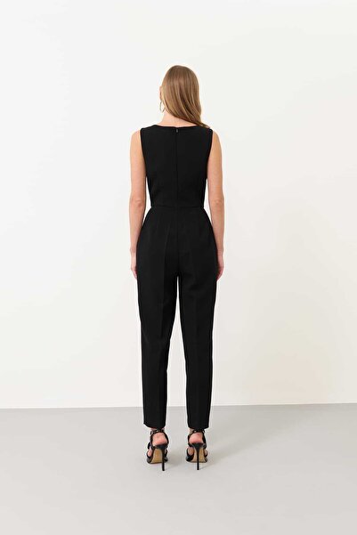 Roman Pilise Tül Etekli Derin V Yaka Tulum Siyah K2412405_001