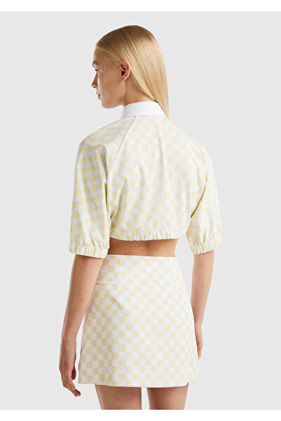 United Colors of Benetton Kadın Sarı Dama Desenli Kısa Kollu Crop Koton Gömlek
