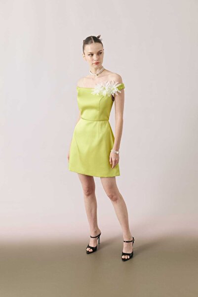 Roman Çiçek Detaylı Kayık Yaka Saten Mini Elbise Sarı Y2411505_009