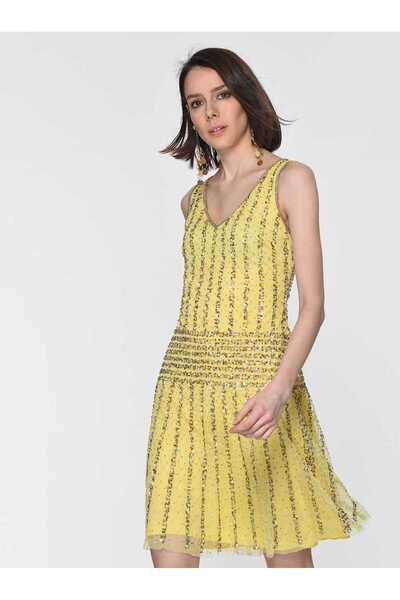 Roman İşlemeli Gece Elbisesi Sarı Y1961105_009