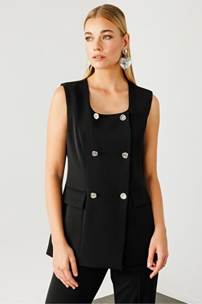 Moda İlgi Modailgi Çift Düğme Detaylı Kare Yaka Uzun Yelek - 4139 Siyah