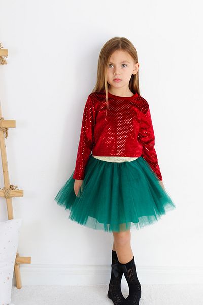 Monila Girls' Shiny Long Sleeve Top and Tutu Skirt Christmas Set