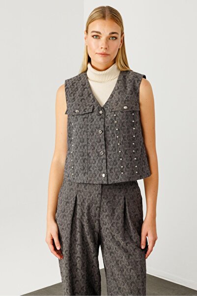 Moda İlgi Modailgi  Metal Aksesuarlı Jakar Kumaşlı Yelek Gri