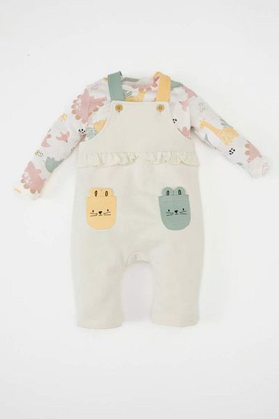 DeFacto Crew Neck Printed Long Sleeve T-Shirt and Adjustable Salopet Set for Baby Girl - D2702A524Au