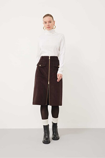 Roman Önü komple Açılır Fermuarlı Kadife Etek Kahve K2415017_005
