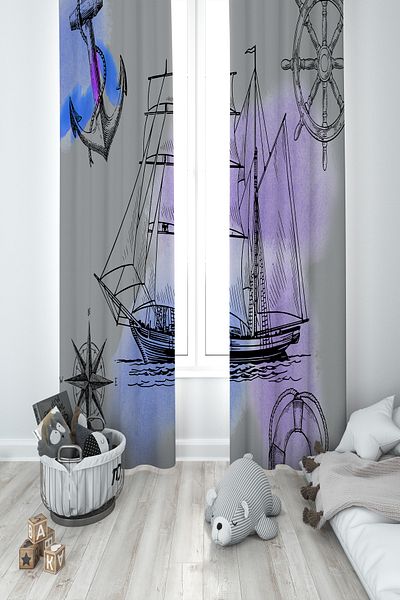 BAMBAŞKA MODA Baby and Children's Room Pirate Ship Pattern 2 Wings Background Curtain Ybp-8036