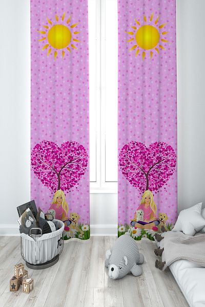 BAMBAŞKA MODA Baby and Children's Room 2 Wings Background Curtain with Barbie and Heart Pattern Ybp-8301