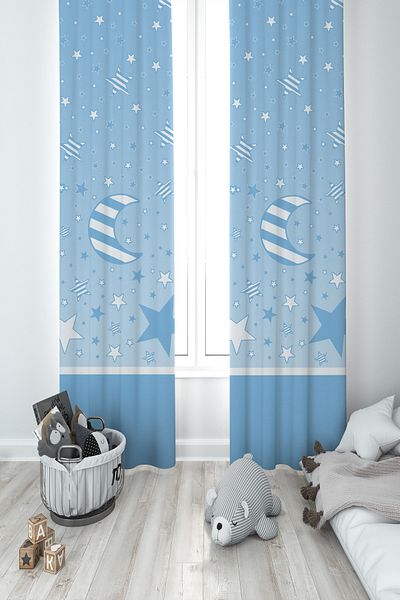 BAMBAŞKA MODA Baby and Children's Room Moon and Star Pattern Blue 2 Wing Background Curtain Ybp-8153
