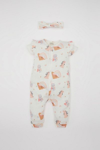 DeFacto Set aus Waffel-Strampler und Bandana mit Dinosaurier-Aufdruck für Neugeborene – kurzärmlig C9484a524sm