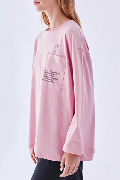 Roman Cep Detaylı Uzun Kol Kadın Tişört Pembe Y2154923_038