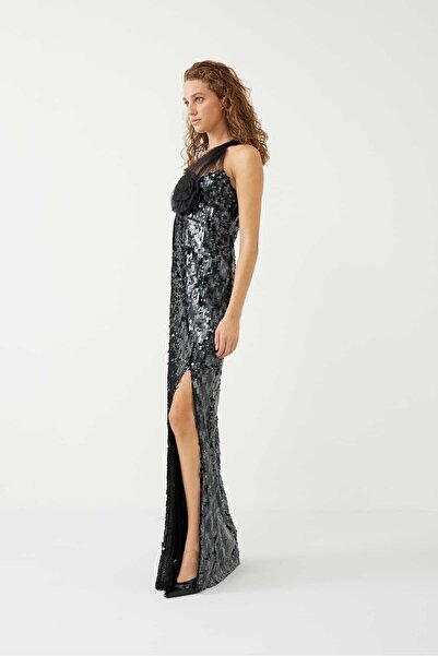 Roman Boyundan Bağlamalı Abiye Elbise Siyah K2311320_001