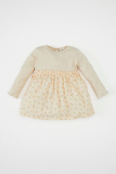 DeFacto Baby Girl Camisole Dress with Ribbed Skirt and Floral Print - Crew Neck, Long Sleeve D3070A524Au