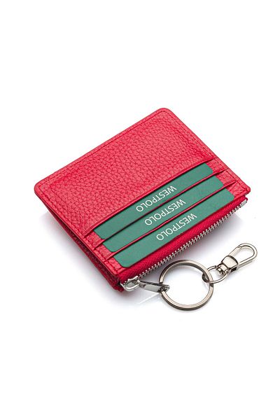 Westpolo Κόκκινη θήκη για κάρτες Unisex από γνήσιο δέρμα - με μπρελόκ και άφθονη θήκη για κάρτες TRY114