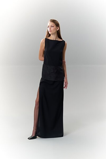 Roman Yanları Yırtmaçlı Organze Kuşaklı Maksi Boy Crep Elbise Siyah K2511324_001