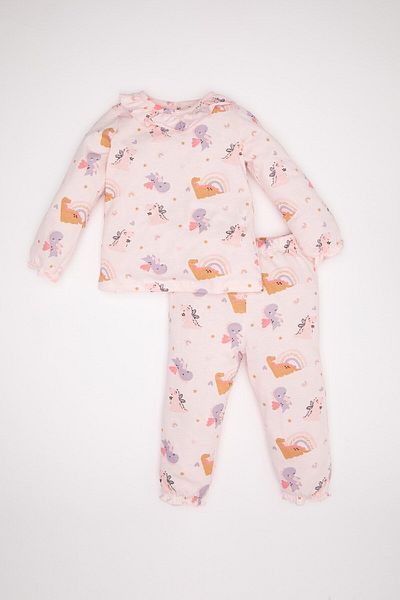 DeFacto Dinosaur Printed Baby Girl Pajama Set - Long Sleeve, Combed Cotton Top and Bottom Set D3621A524Wn