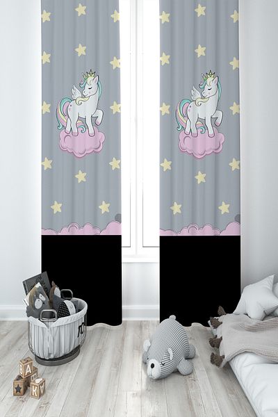 BAMBAŞKA MODA Baby and Children's Room Hopscotch Unicorn Pattern 2 Wings Background Curtain Ybp-8205