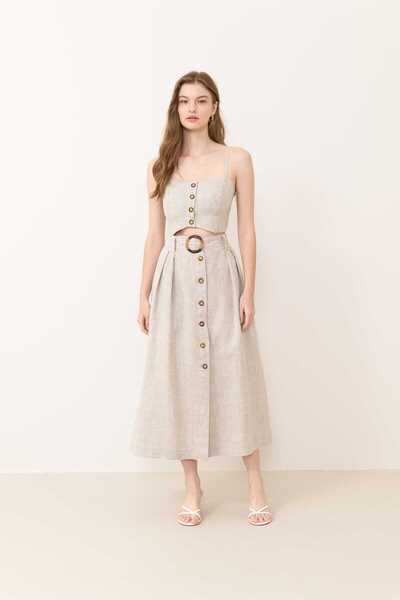 Roman Beli Kemerli Önden Düğmeli Çift Pileli Keten Midi Etek Naturel Y2415030_069