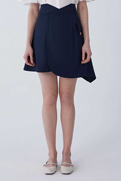 Roman Cep Detaylı Asimetrik Mini Etek Lacivert Y2115063_015