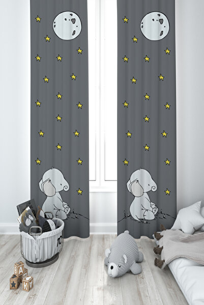 BAMBAŞKA MODA ДИТЯЧА ТА ДИТЯЧА КІМНАТА 2-крила штори з малюнком місяця і слон...