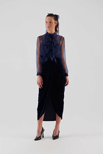 Roman Büzgülü Uzun Kadife Etek Lacivert K2315056_015